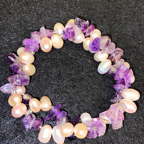 Amethyst Jewelry - Amethyst Chips and Fresh Water Pearls Bracelet Vintage.